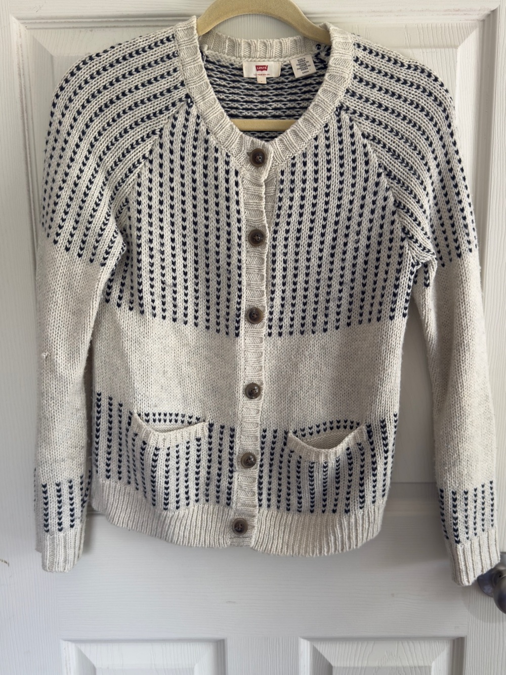 Levi's Cream and Navy Patterned Button-Front Cardigan